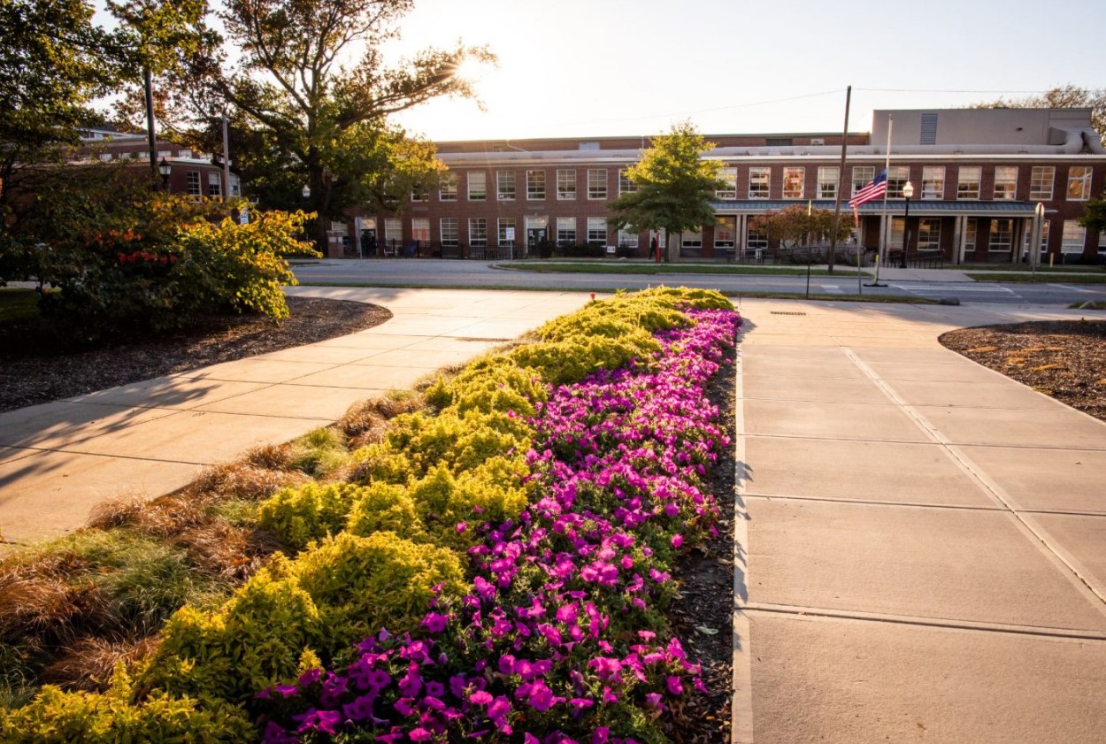 Metcalf Elementary at sunset - flag at half mast