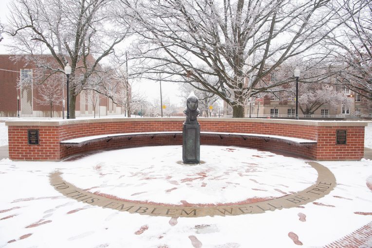 Redbird Plaza at ISU partially snow-covered