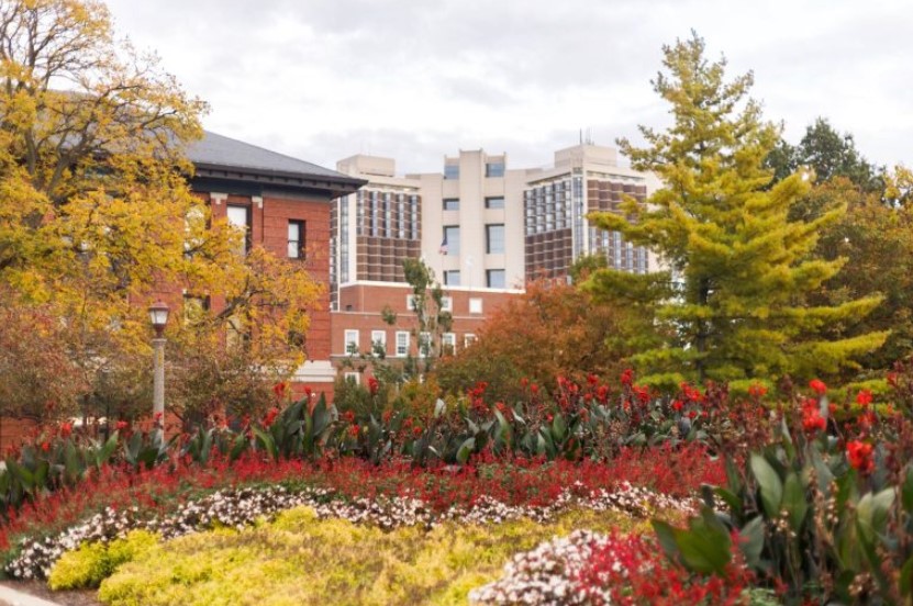 Flowers on the Quad with Watterson Towers in the background - early fall